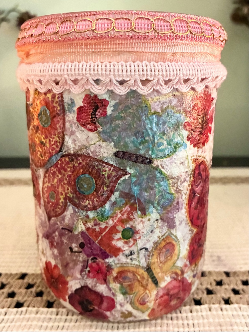 Handmade Butterfly and Ladybug Decoupage Collage Jar Candleholder 5”X3”